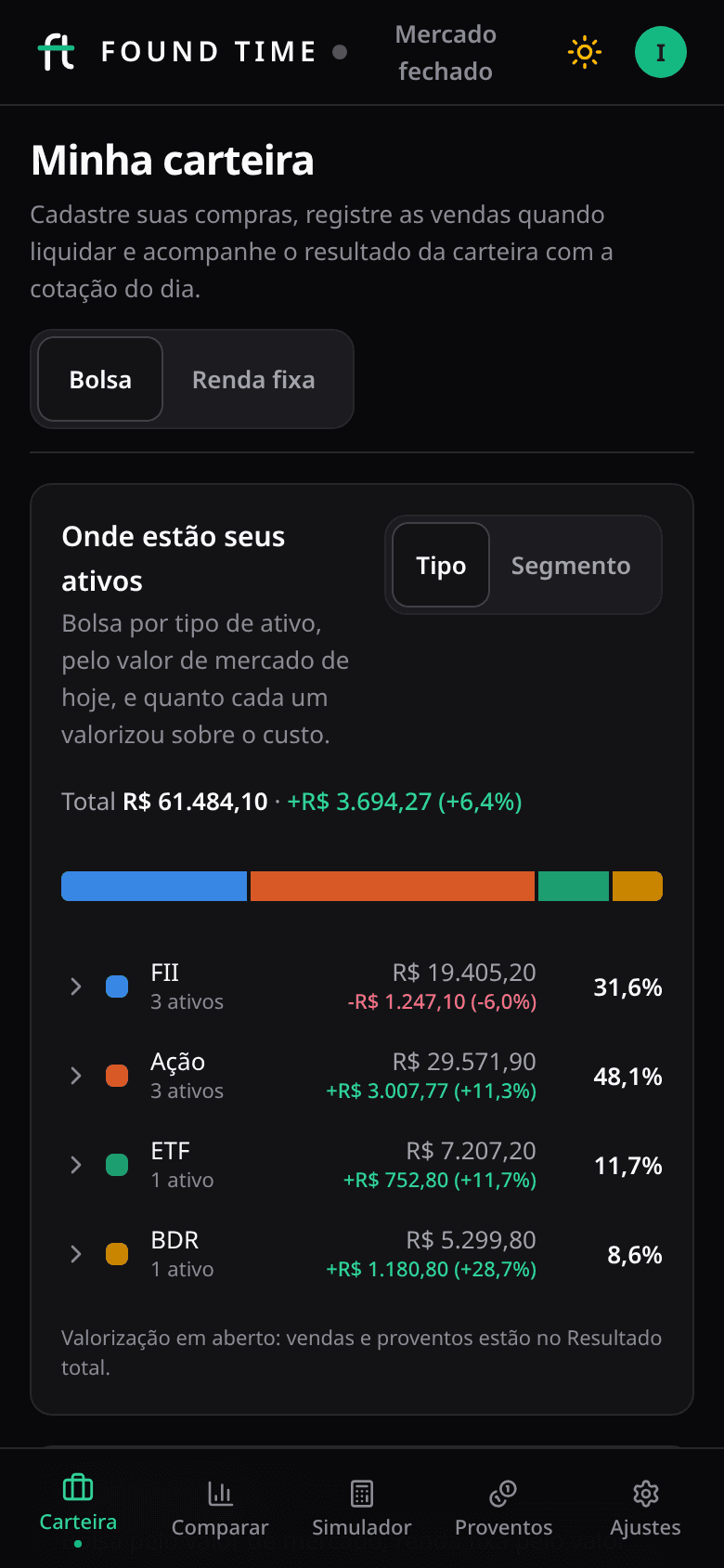 Mesma carteira no celular, com a navegação inferior